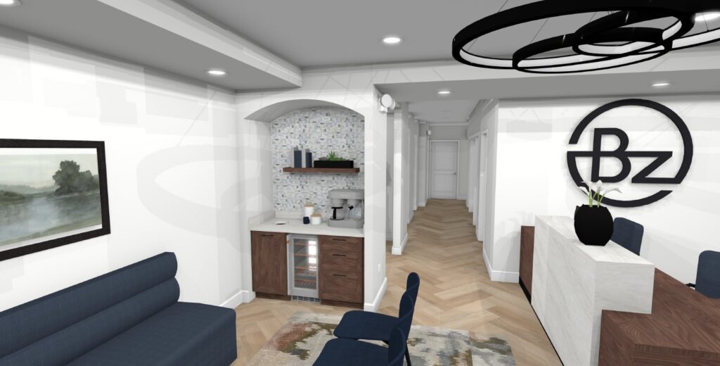 Rendering of the reception area at the BZ Orthodontics Fort Washington office