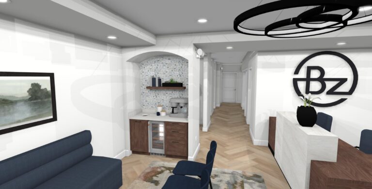 Rendering of the reception area at the BZ Orthodontics Fort Washington office