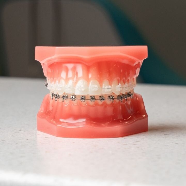 Model of teeth with clear braces on a countertop in BZ Orthodontics office, showcasing orthodontic services in Lansdale, PA.